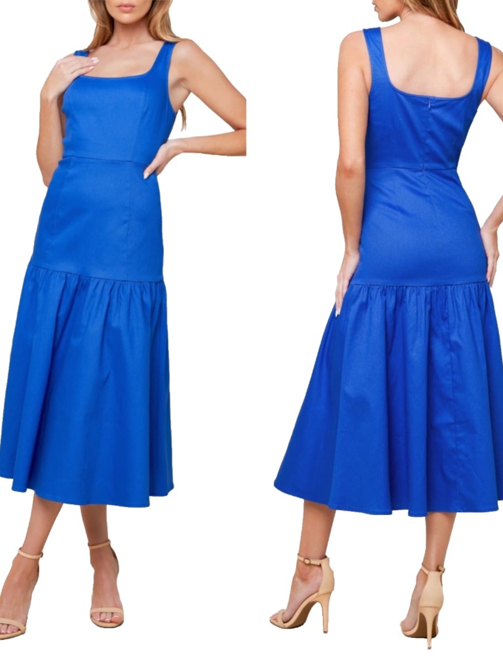 NEW FLYING TOMATO Blue WOVEN DENIM Pleasant Dreams FLOUNCE HEM Midi DRESS S